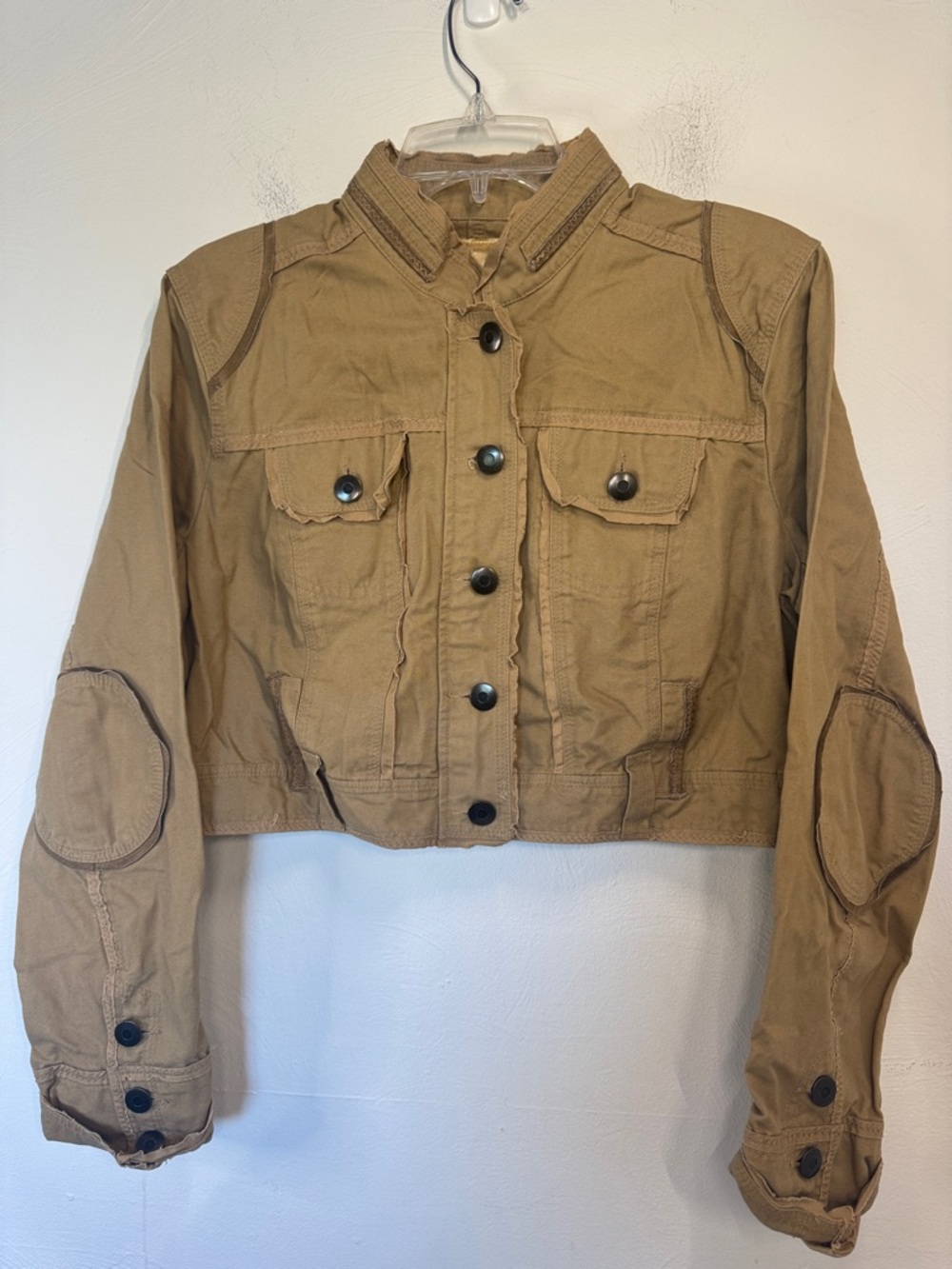 Wilsons Leather Cropped Utility Jacket in Khaki Leather Trim Neutral Boho